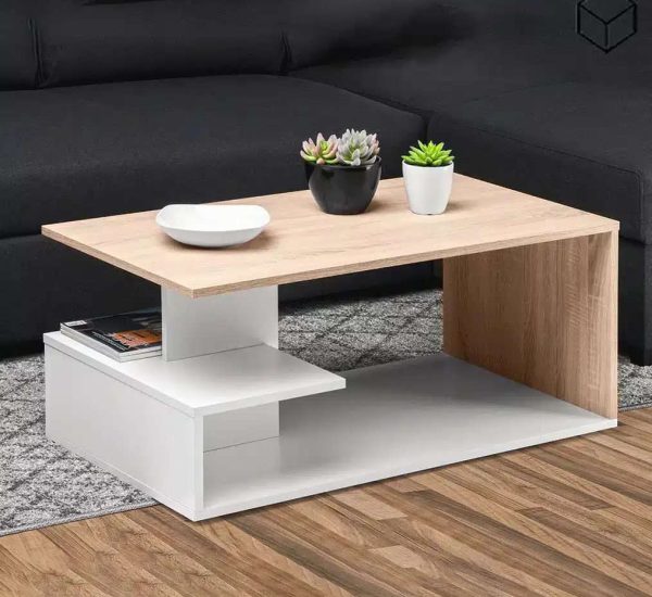 CFT110 ترابيزة قهوة مودرن خشب أبيض وبني بتصميم عملي